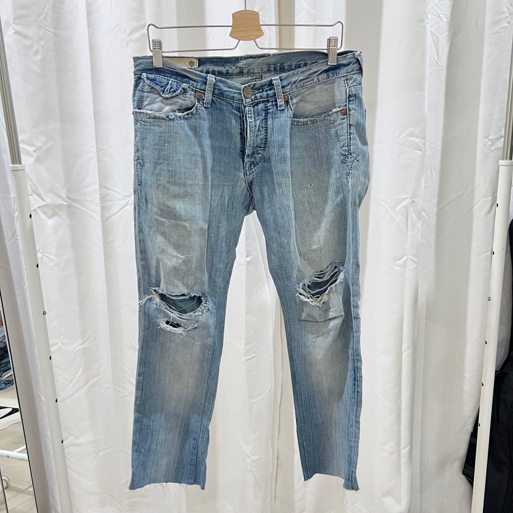 J & Company Distressed Cut Out Cropped Bottom Denim Jeans - Light Blue